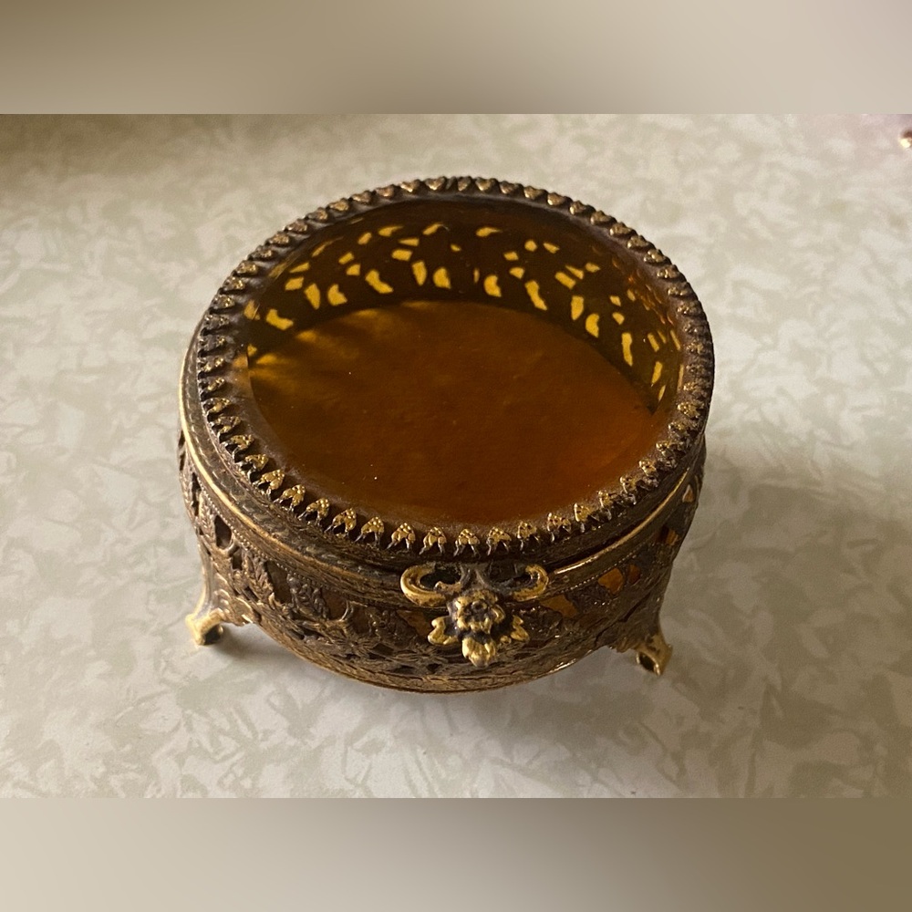 Vintage French Footed Jewelry Box Amber Glass Lid Velvet 7933